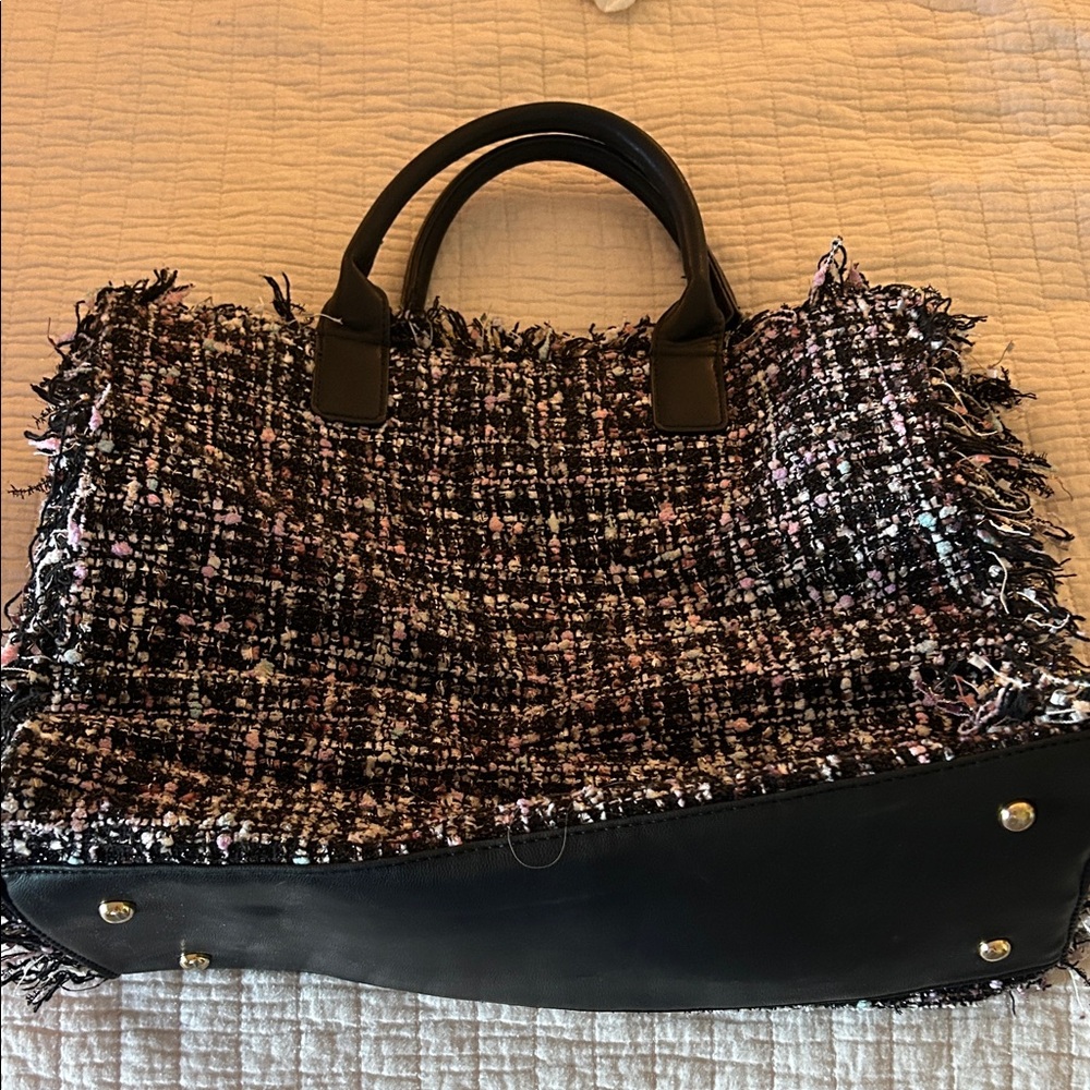 Tweed Tote Bag with Black Leather Trim